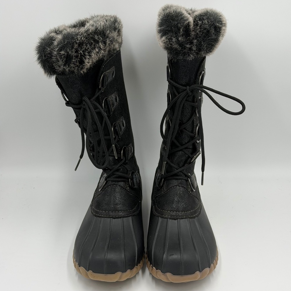 Yuu Fiona Black Faux Fur Trim Lace Up Duck Boots Womens Size 6 M Winter Mid Calf - Picture 3 of 12